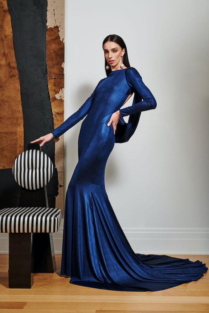 christian siriano Sapphire Draped Open Back Gown