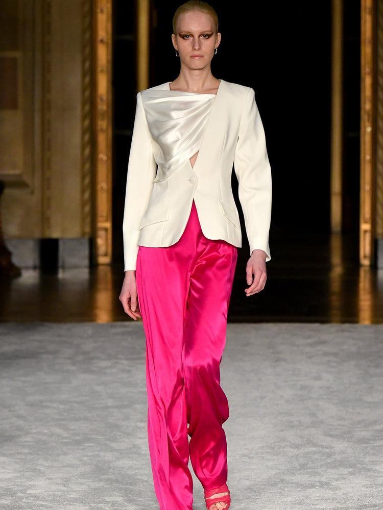 christian siriano White Satin Panel Draped Blazer