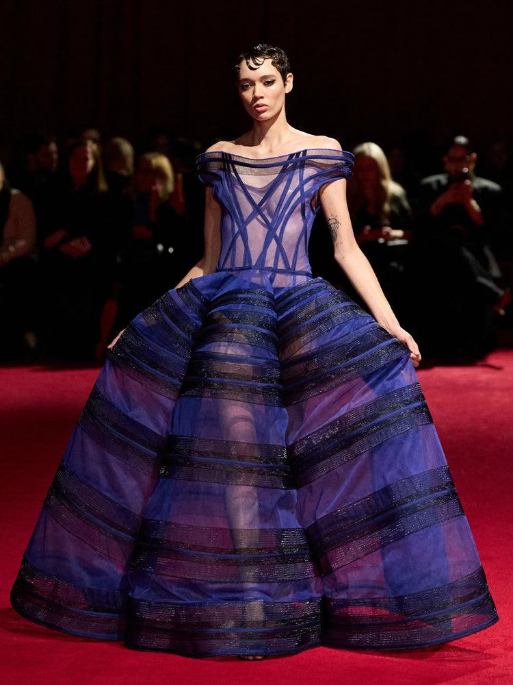 christian siriano Cobalt Blue & Black Corset Off the Shoulder Horsehair Gown