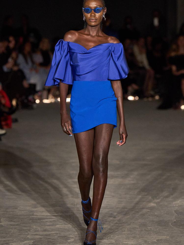 christian siriano Cobalt Off The Shoulder Draped Sleeve Mini Dress