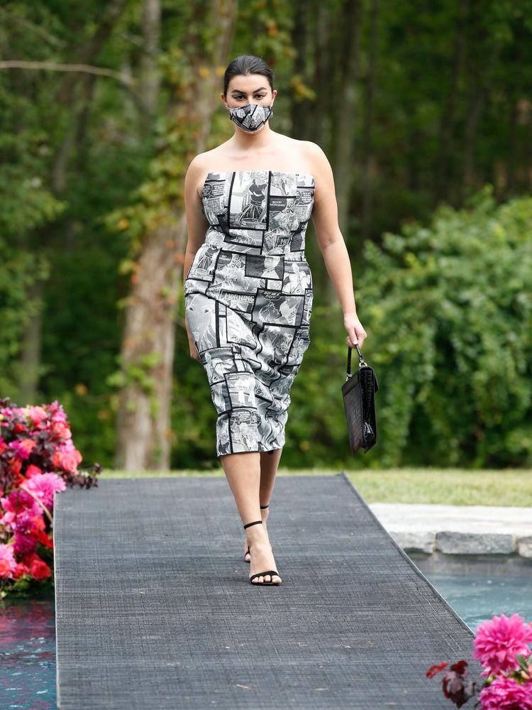 christian siriano Comic Print Square Neck Strapless Sheath Dress