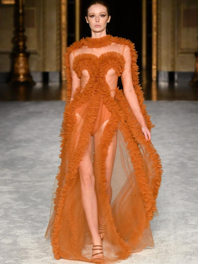 christian siriano Copper Gathered Tulle Detail Gown