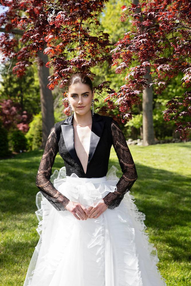 christian siriano Cropped Lace Tuxedo Bodice with Organza and Tulle Ball Skirt