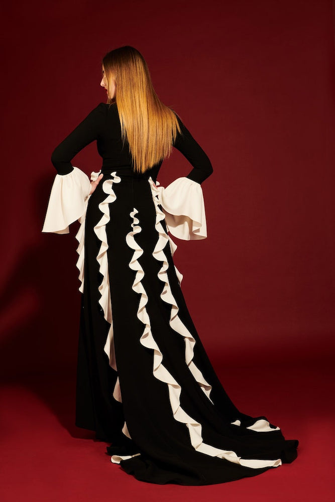 christian siriano Cut Out Long Bell Sleeve Ruffle Gown