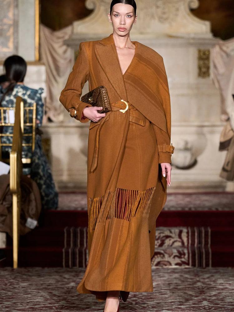 christian siriano Desert Stripe Draped Shoulder Belted Blazer Coat