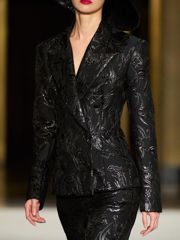 christian siriano Double Breasted Black Metallic Brocade Blazer
