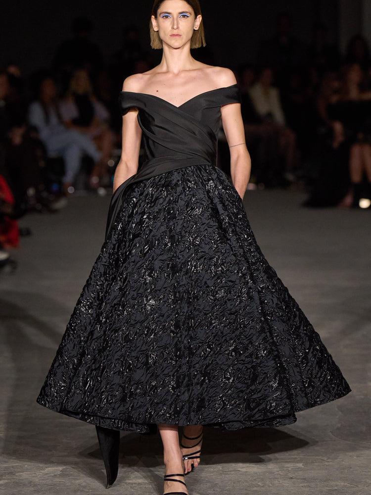 christian siriano Draped Off The Shoulder Shimmer Houndstooth Tea Length Dress