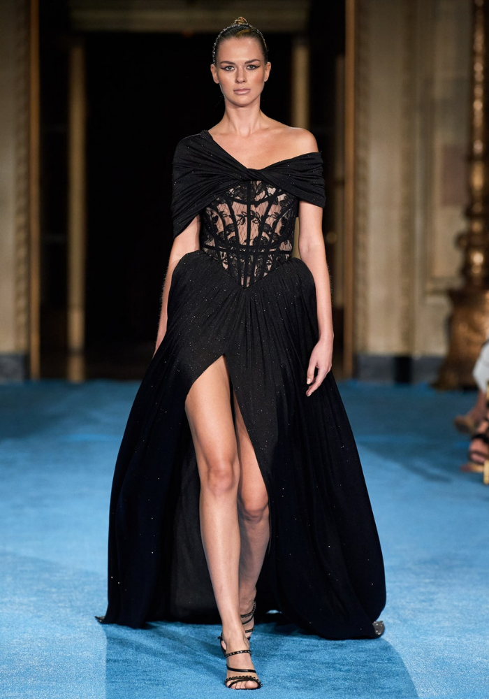 christian siriano Draped Shoulder Corset Gown with High Slit