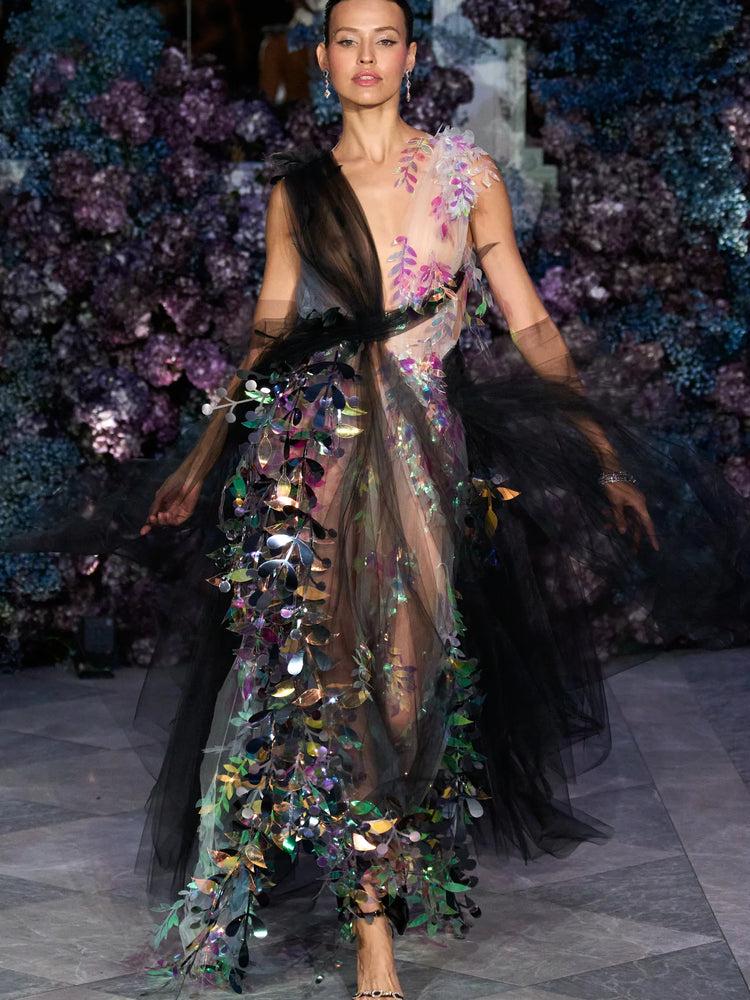 christian siriano Draped Tulle Gown with Iridescent Ribbon Detail