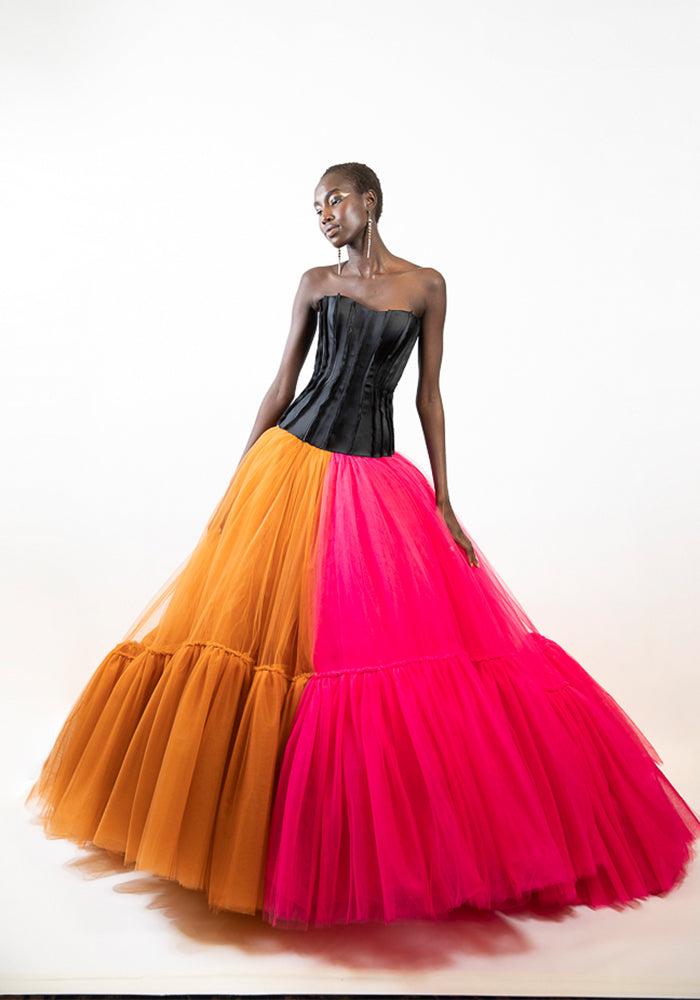 christian siriano Drop Waist Color Block Tulle Ball Gown