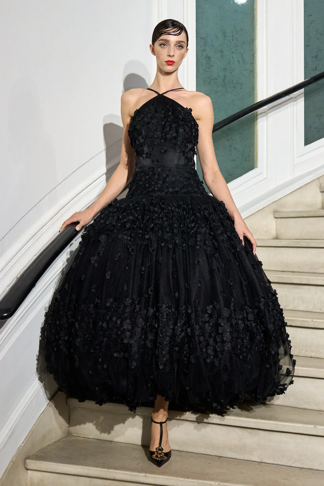 christian siriano Drop Waist Petal Appliqué Tea Length Halter Dress