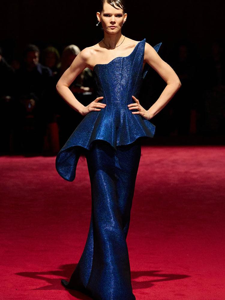 christian siriano Electric Blue Asymmetric Peplum Gown