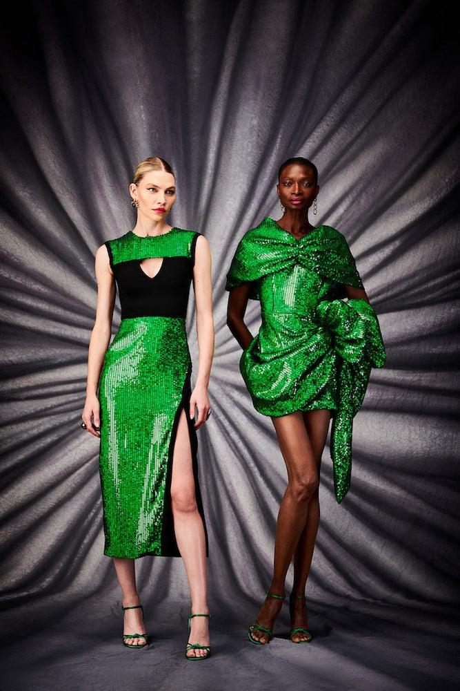 christian siriano Electric Green Sequin and Black Cut Out Dress