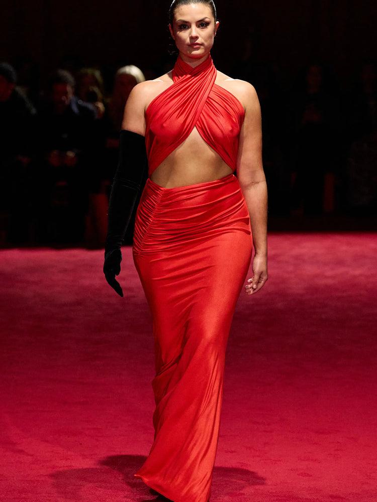 christian siriano Electric Red Jersey Cut Out Criss Cross Halter Gown