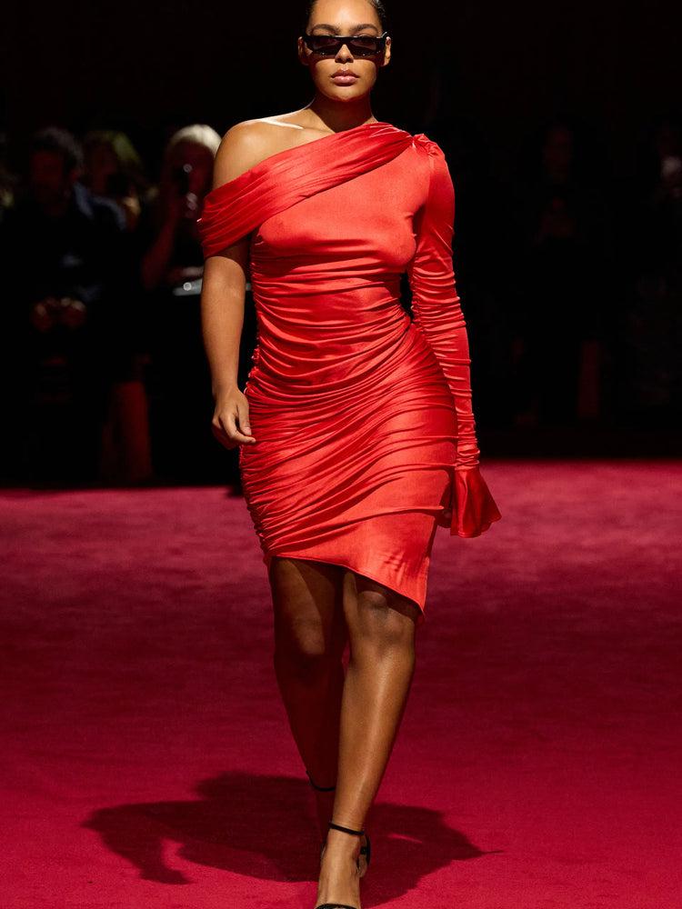 christian siriano Electric Red Jersey Draped Long Sleeve Dress