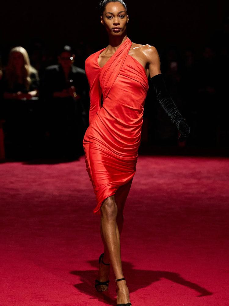 christian siriano Electric Red Jersey Single Sleeve Criss Cross Draped Dress