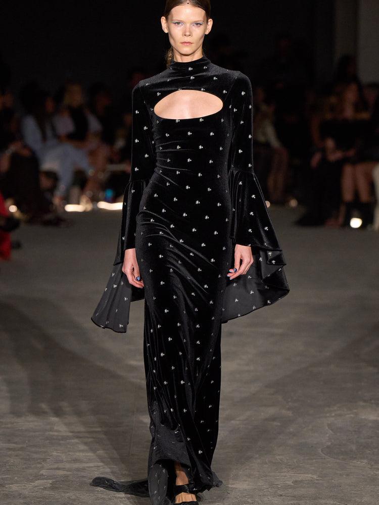 christian siriano Embellished Velvet Cut Out Cape Long Sleeve Gown