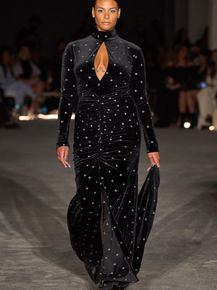 christian siriano Embellished Velvet Keyhole Ruched Mock Neck Gown