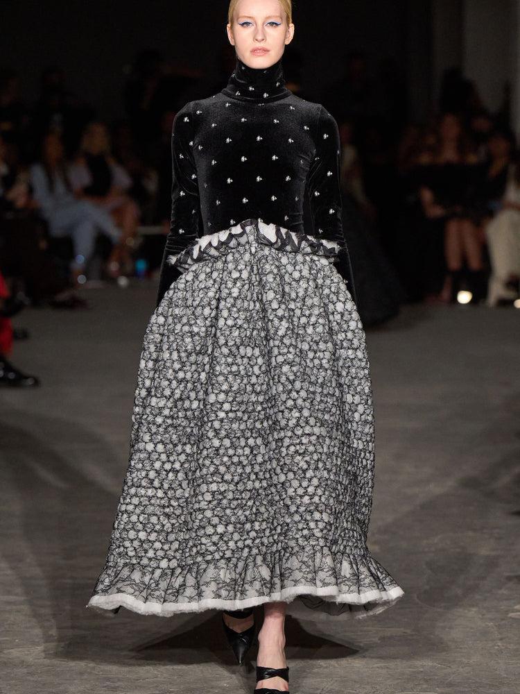 christian siriano Embellished Velvet Long Sleeve High Neck Quilted Lace Tea Length Dress