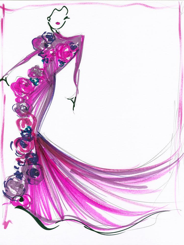 christian siriano "Fall 2023 Floral Applique Mesh Gown" - Sketch Print