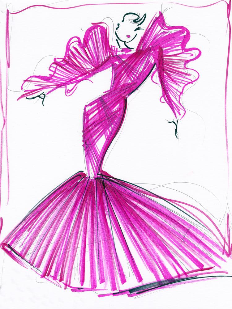 christian siriano "Fall 2023 Orchid Draped Tulle Mermaid Gown" - Sketch Print