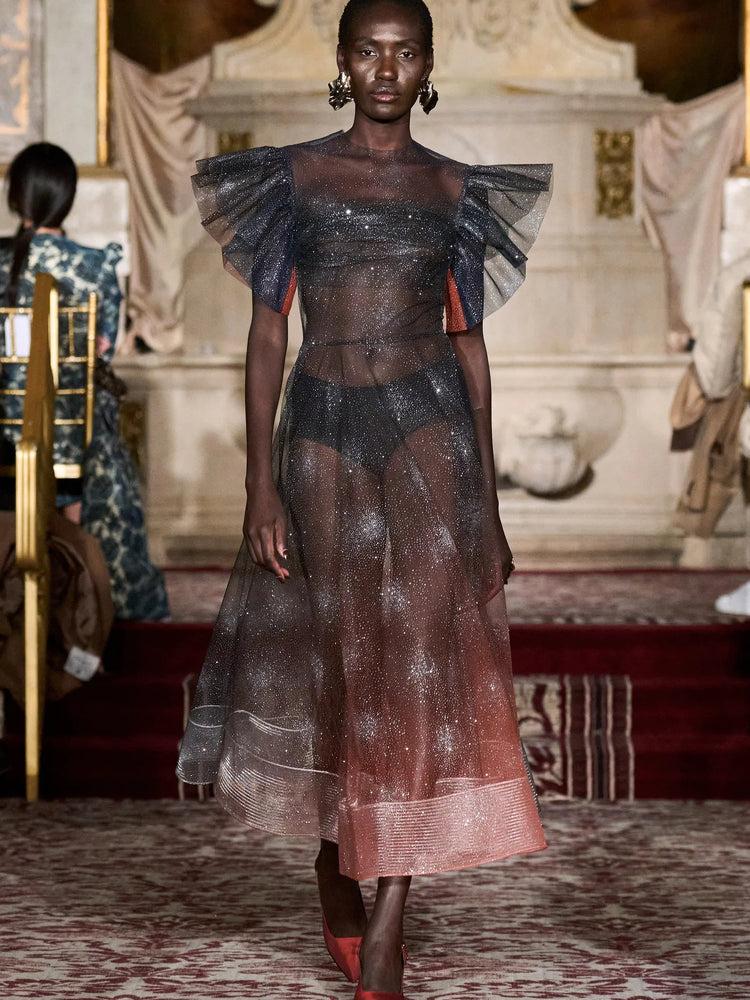 christian siriano Galaxy Glitter Ombré Tulle Tea Length Dress