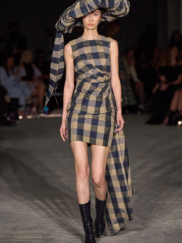 christian siriano Gathered Plaid Mini Dress with Side Drape