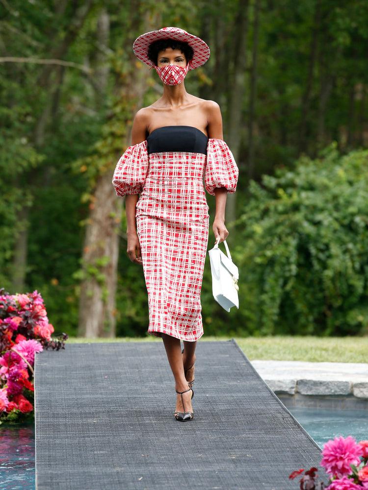 christian siriano Gingham Off the Shoulder Puff Sleeve Mid Length Dress