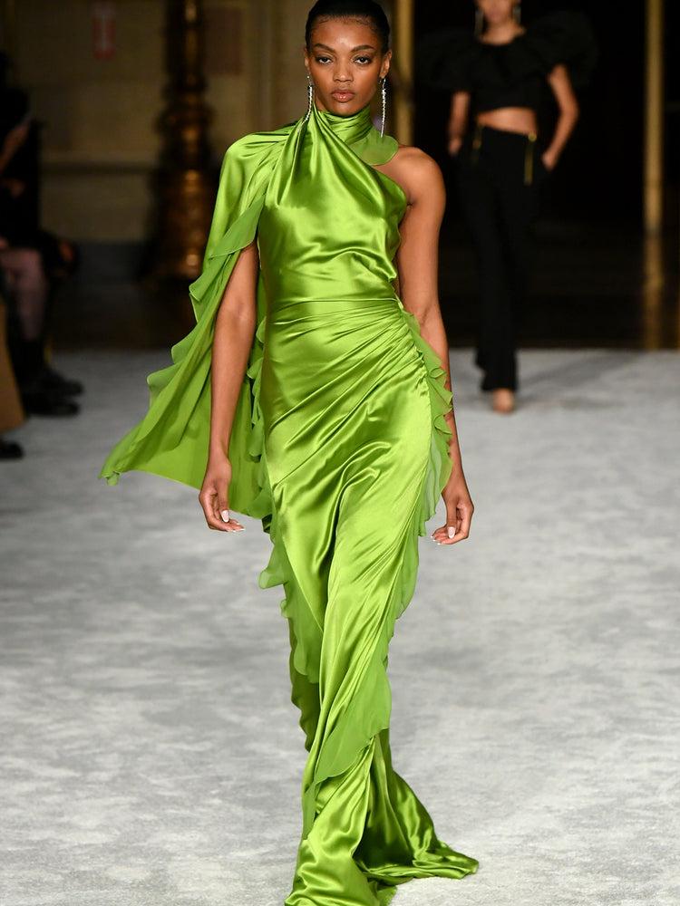christian siriano Glowing Green Mock Neck Ruffled Detail Gown