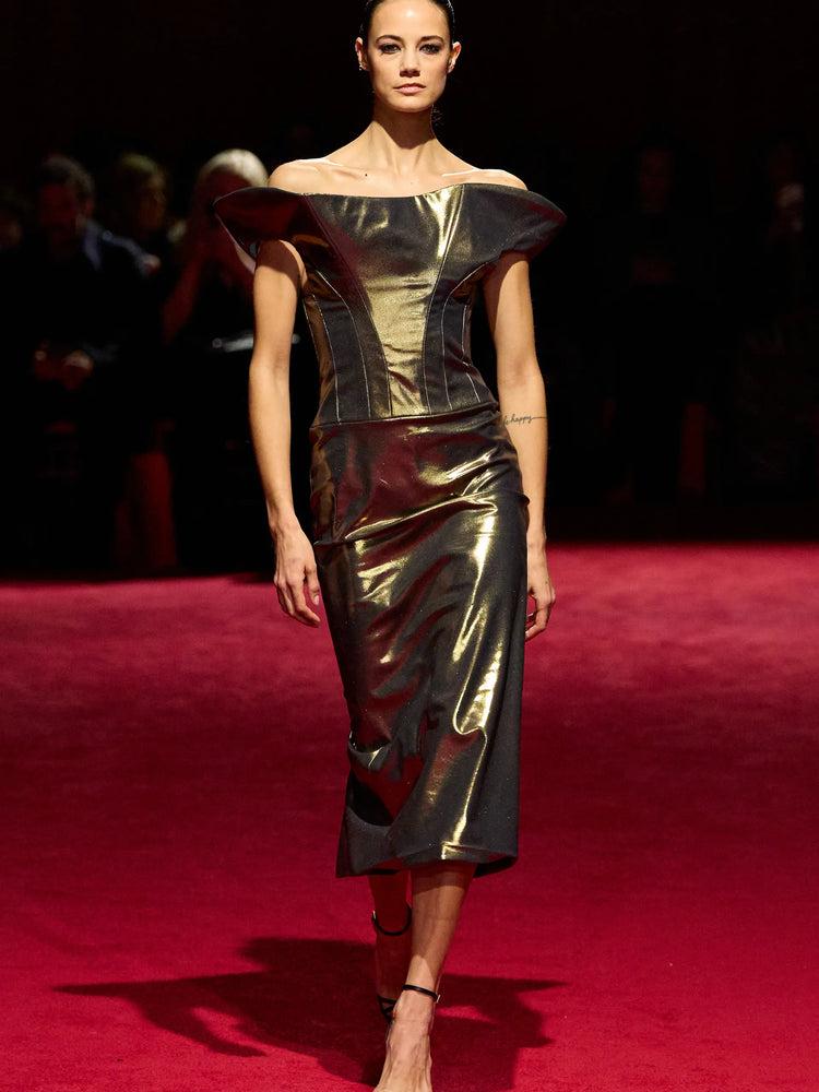 christian siriano Gold Iridescent Off the Shoulder Midi Dress