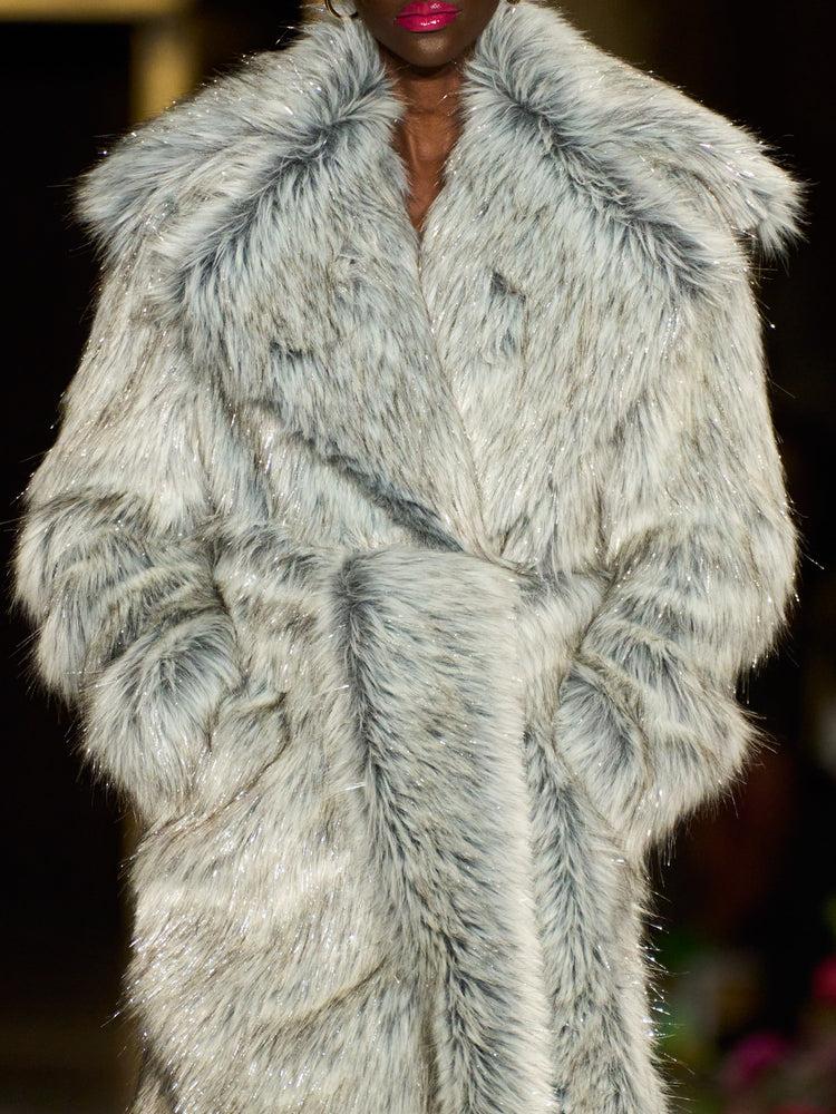 christian siriano Grey Silver Metallic Faux Fur Coat
