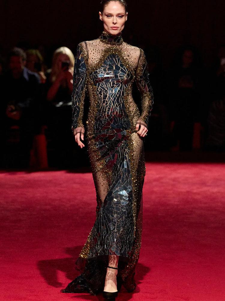 christian siriano Gunmetal Mirror and Gold Sparkle Long Sleeve Mock Neck Gown