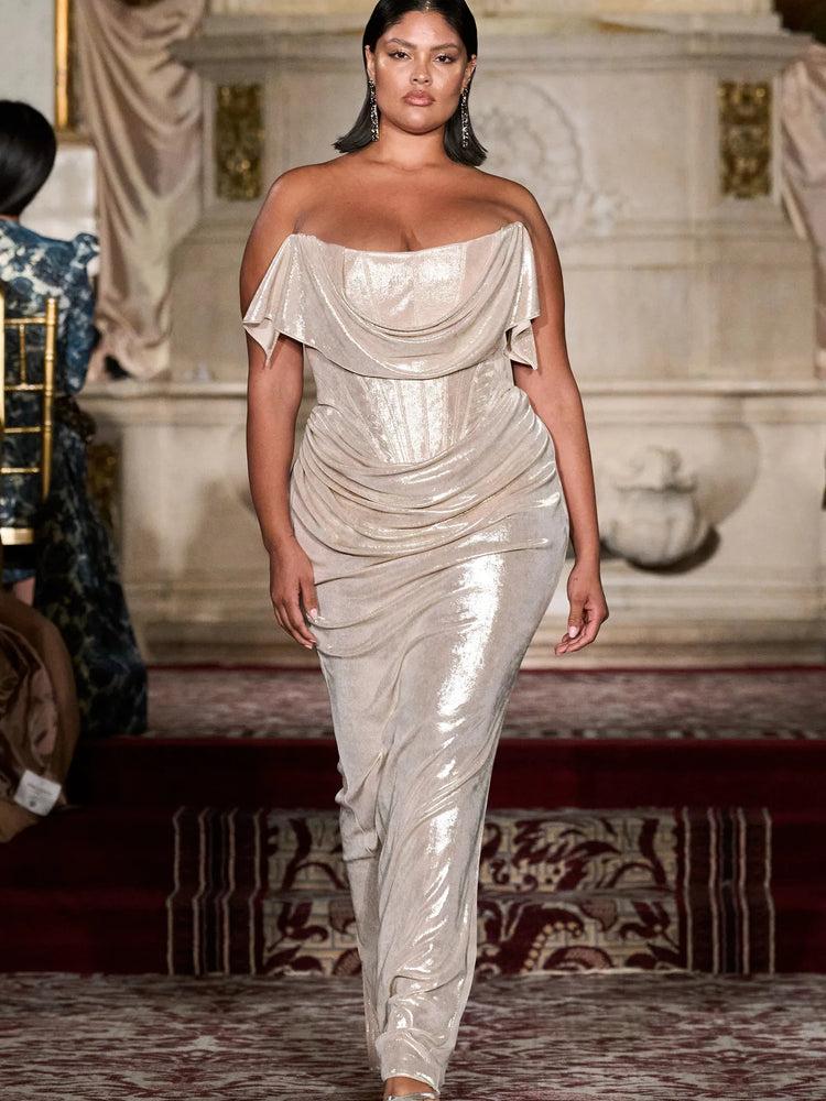 christian siriano Iridescent Champagne Corset Draped Gown