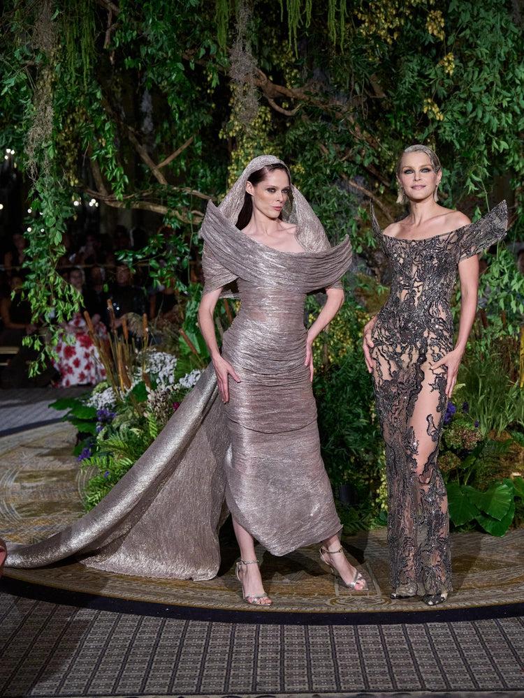 christian siriano IRIDESCENT PLEATED CHIFFON STRUCTURED NECKLINE GOWN