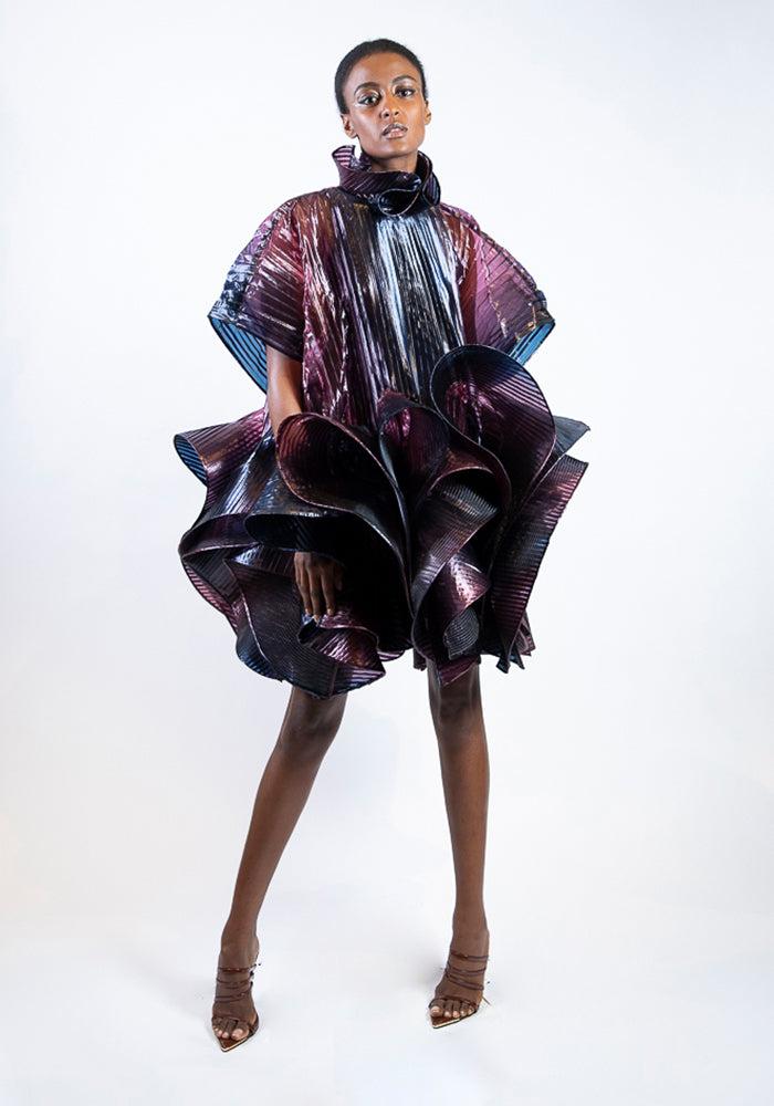 christian siriano Iridescent Pleated Ruffled Mini Dress