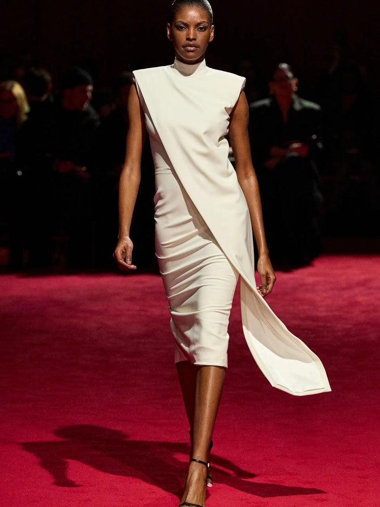 christian siriano Ivory Mock Neck Structured Shoulder Midi Dress