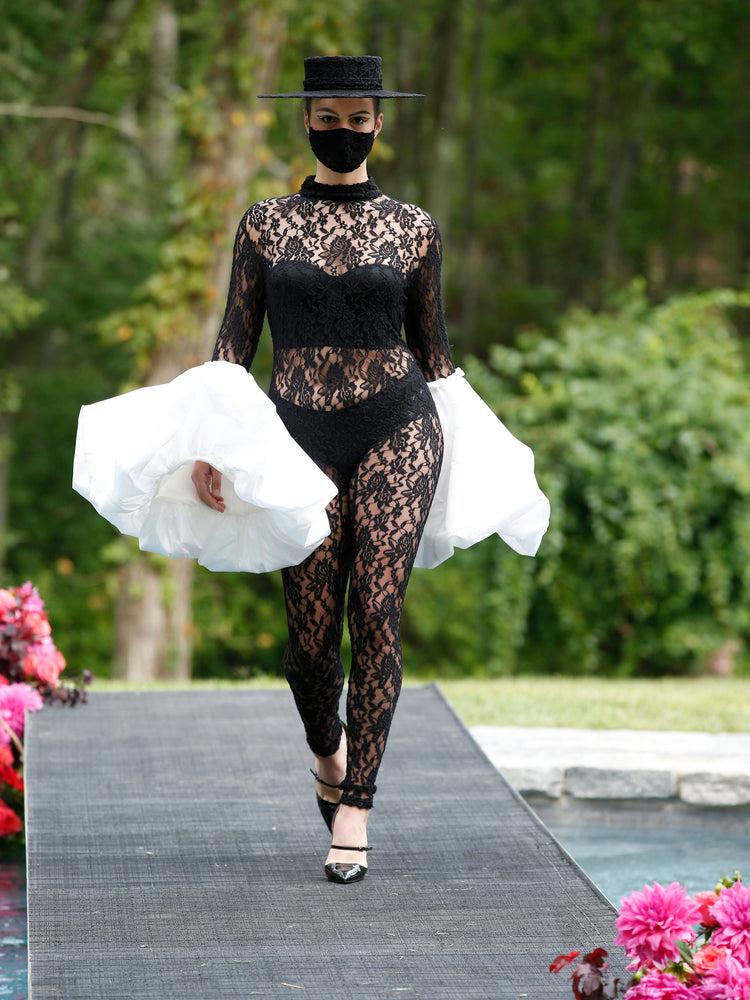 christian siriano Lace Jumpsuit with Puff Sleeve Detail