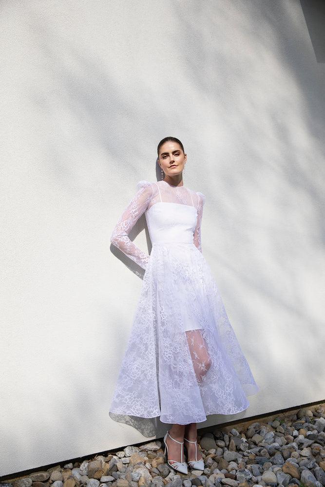 christian siriano Lace Puff Sleeve Tea Length Dress christian siriano Lace Puff Sleeve Tea Length Dress