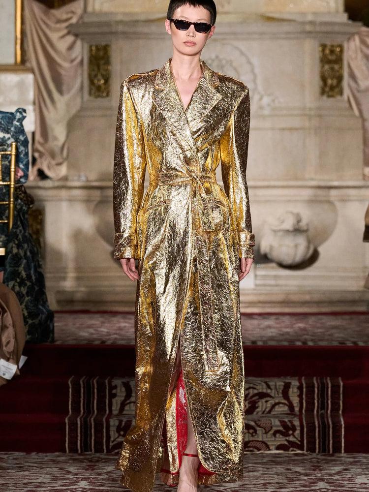 christian siriano Laminated Metallic Gold Lace Blazer Coat