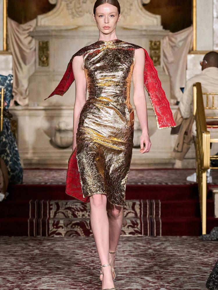 christian siriano Laminated Metallic Gold Lace Cape Sleeve Dress