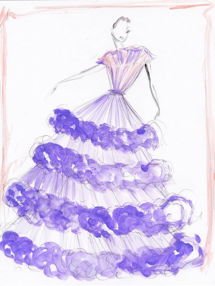 christian siriano "Lavender Layered Ruffle Tulle Gown" - Sketch Print