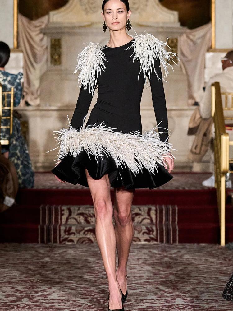 christian siriano Long Sleeve Dress with Velvet Ruffle Hem and Feathers