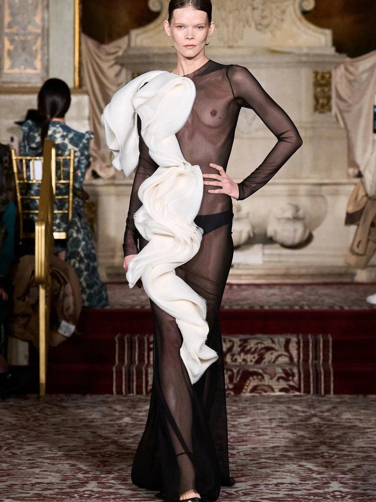 christian siriano Long Sleeve Mesh Gown with Layered Ivory Organza Ruffle