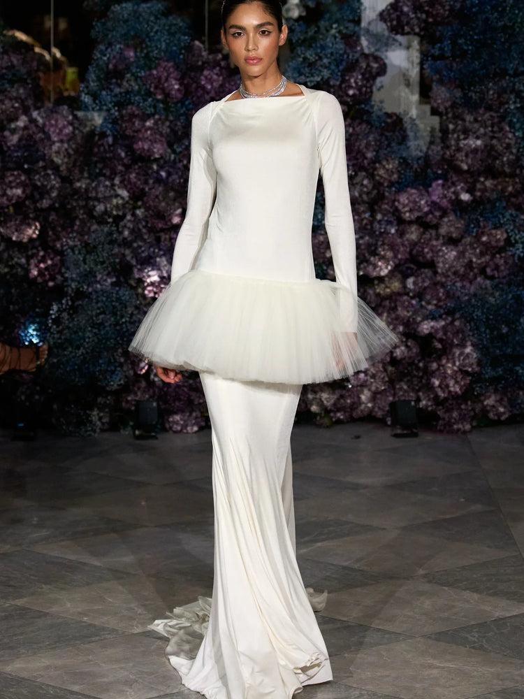 christian siriano Long Sleeve Open Back Tulle Peplum Gown