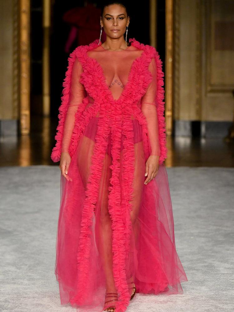 christian siriano Luminous Pink Gathered Tulle Detail Gown