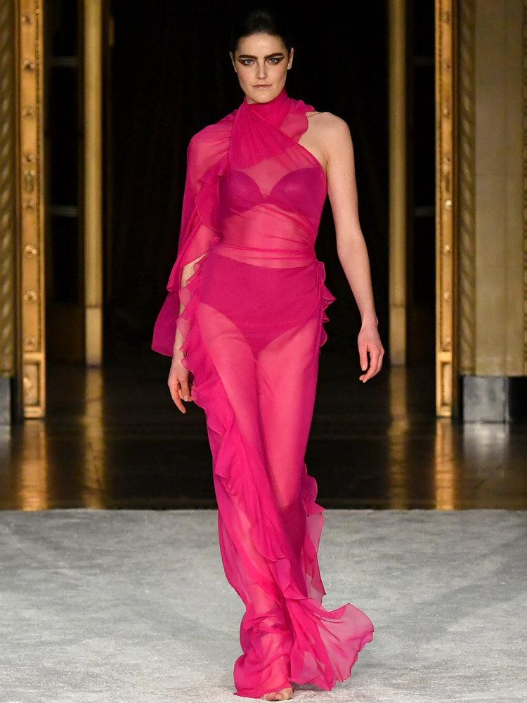 christian siriano Luminous Pink Mock Neck Ruffled Detail Gown