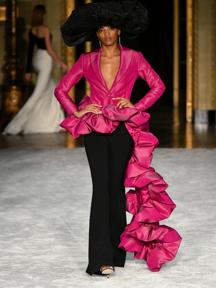 christian siriano Luminous Pink Taffeta Sculpture Side Train Blazer