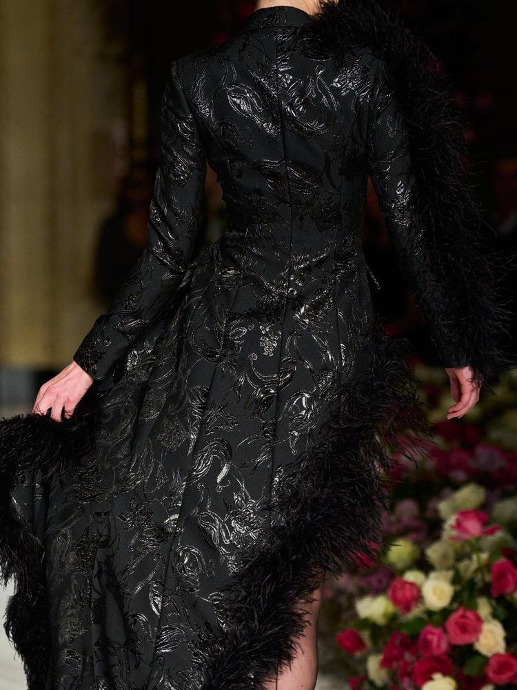 christian siriano Metallic Brocade Asymmetrical Feather Trim Blazer