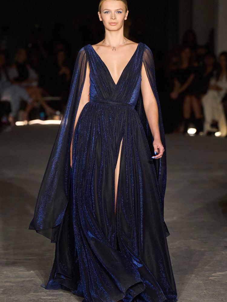 christian siriano Metallic Chiffon Wing Sleeve Draped Gown