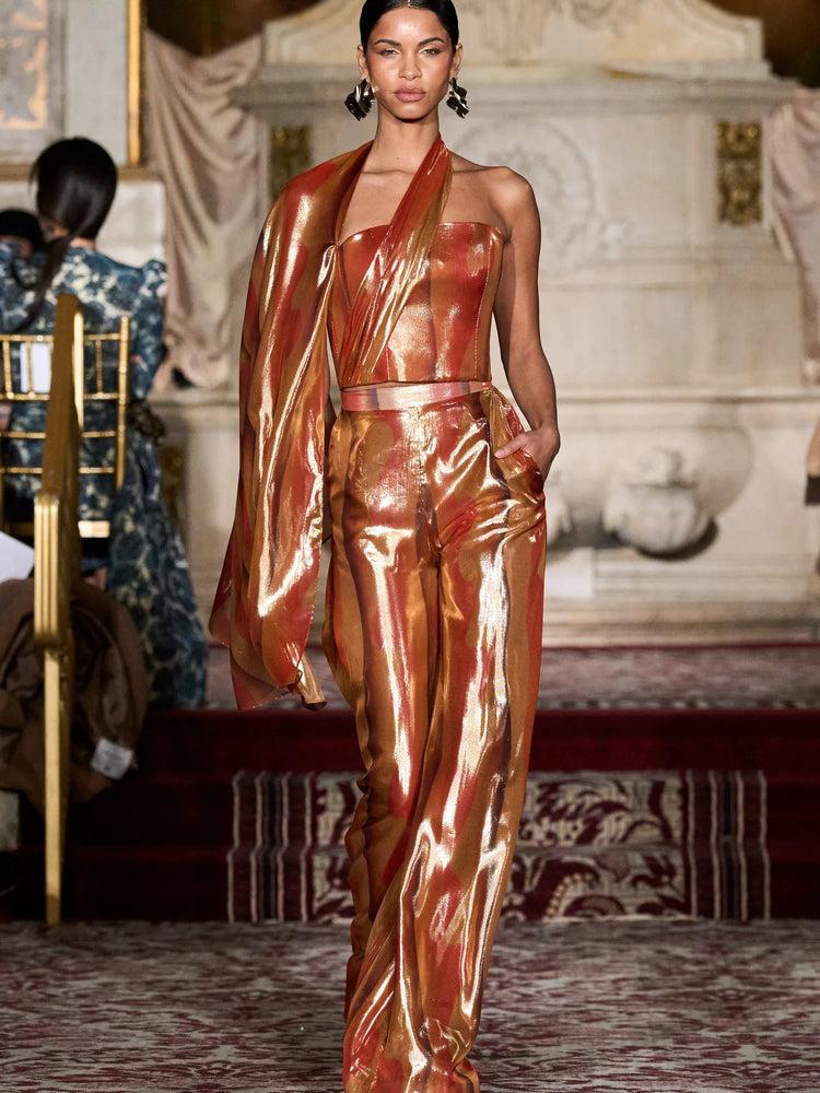 christian siriano Metallic Sunset Halter Draped Single Sleeve Top